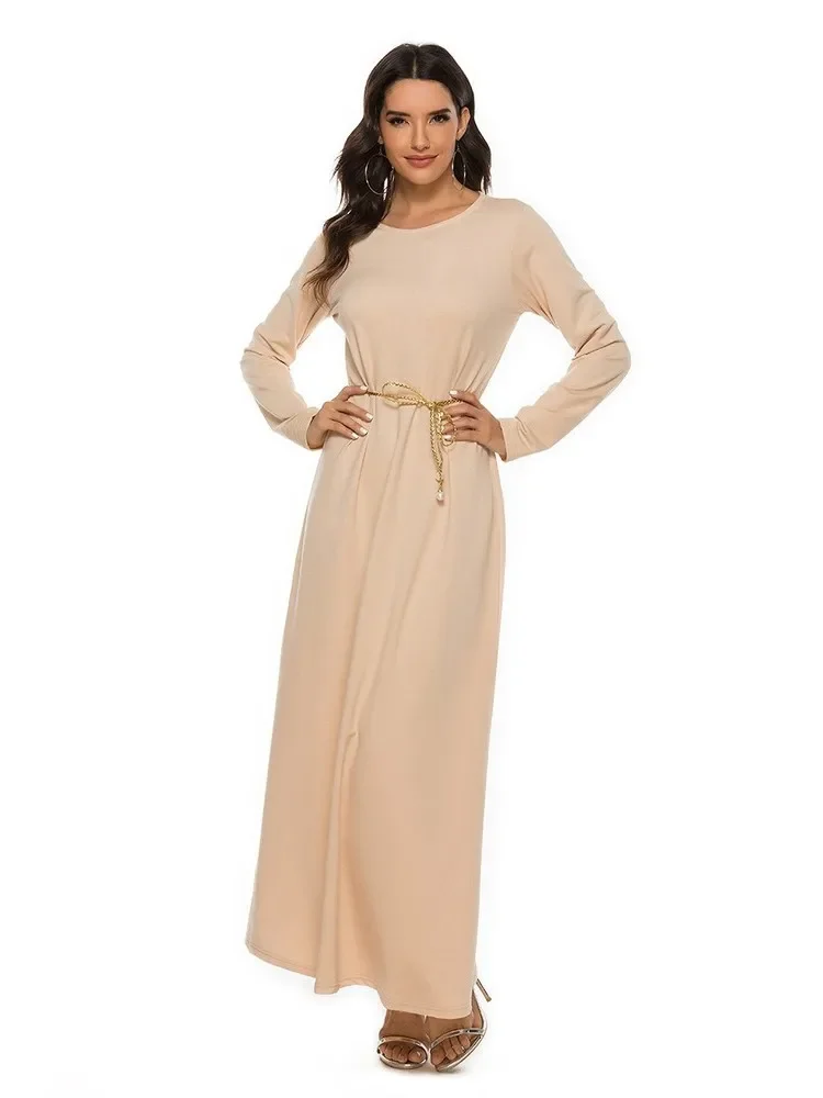 2025 New Hot Sale Islamic Women's Muslim Abaya Basic Style Solid Color A- Line Long Sleeve Dress with Belt Casual for Party