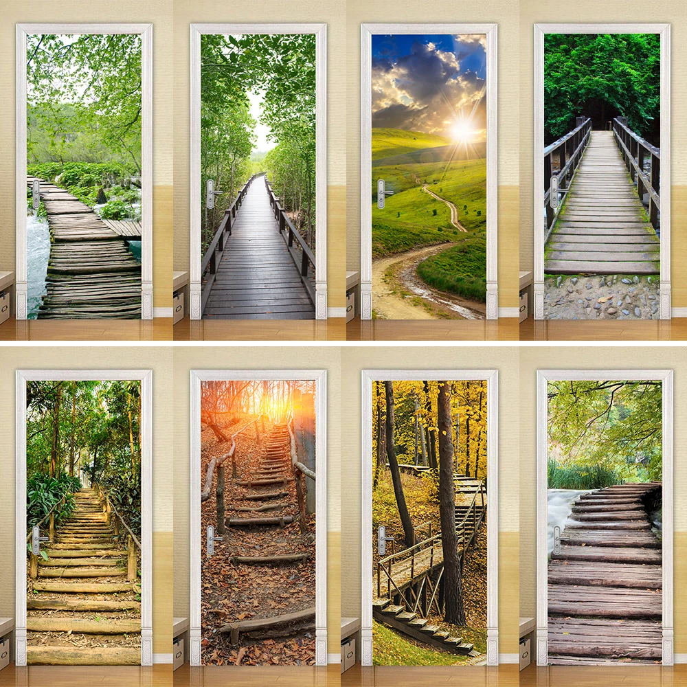 Forest Wood Bridge Door Design Wallpaper, Natural Jungle Stairs Road Door Sticker Wall Art Mural Home Decorations Removable