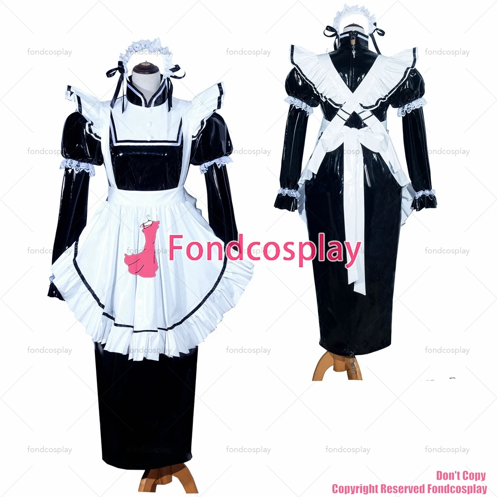 fondcosplay adult sexy cross dressing sissy maid long French Lockable Black thin PVC Dress Uniform Costume CD/TV[G3985]