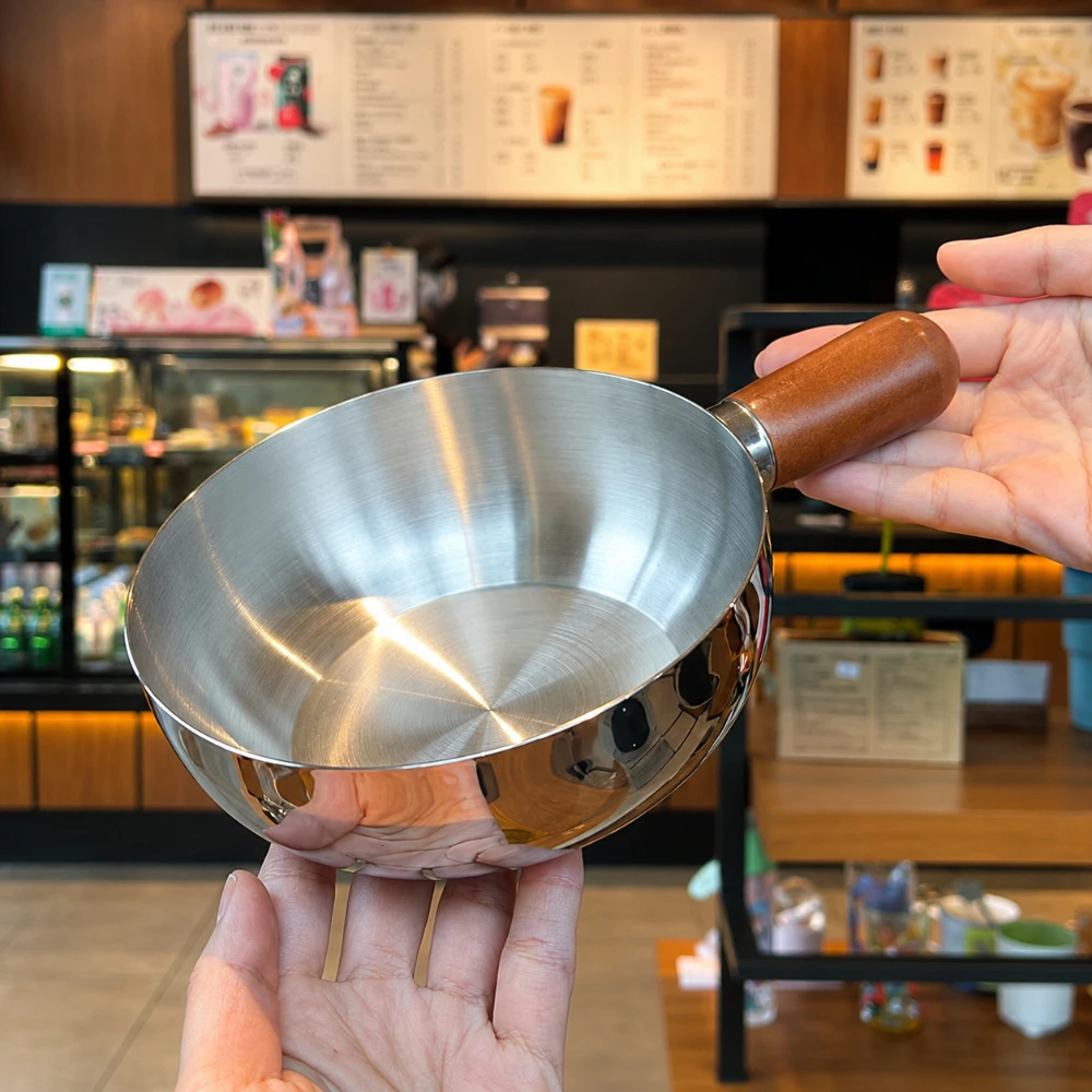 Stainless Steel Milk Pot with Heat Resistant Wooden Handle Induction Compatible Saucepan Even Non Slip Base for Daily Cooking