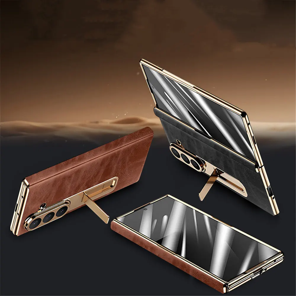 

Premium Cowhide Leather Double Hinge Case for Samsung Galaxy Z Fold7 Oil Wax Holder Cover