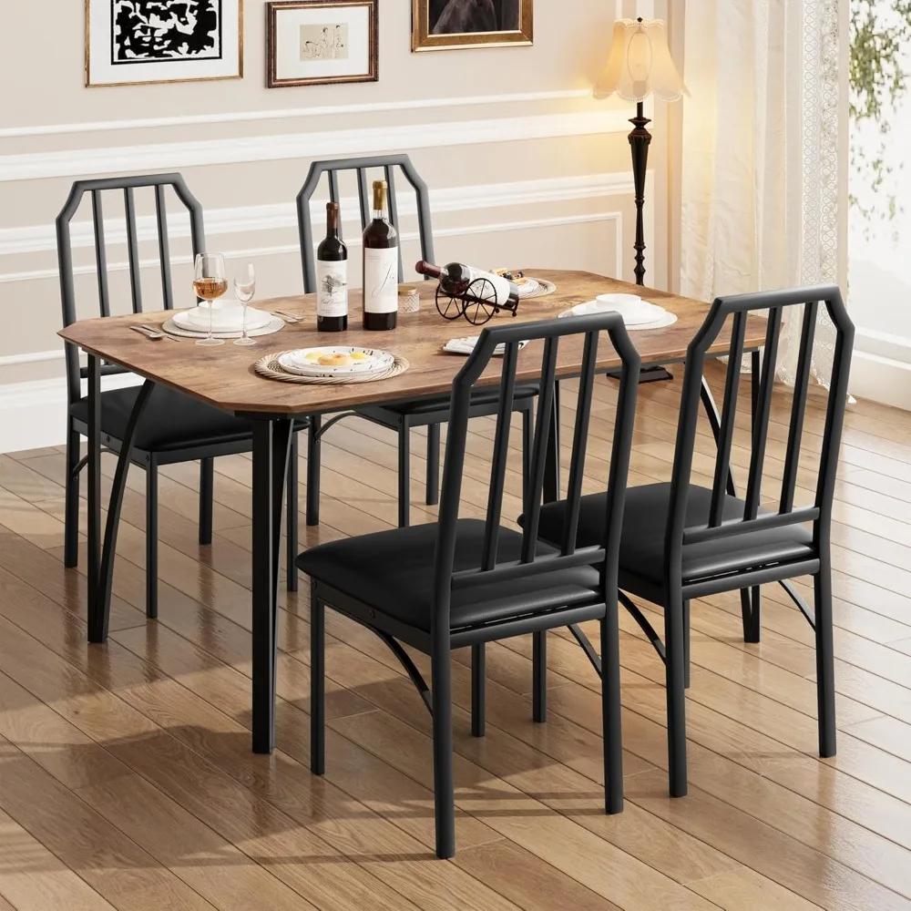 

Dining Table Set for 4, Kitchen Table and Chairs for 4 with with Chamfer Design, 5 Piece Dining Room Table Set with Cushi