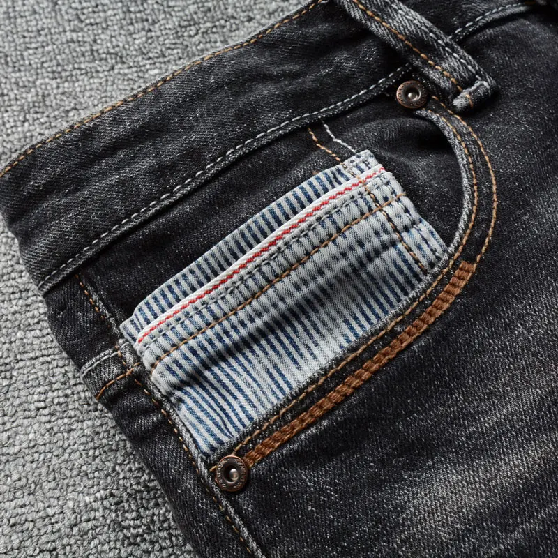 Italian Style Fashion Men Jeans High Quality Retro Black Gray Stretch Slim Fit Ripped Jeans Men Vintage Designer Denim Pants