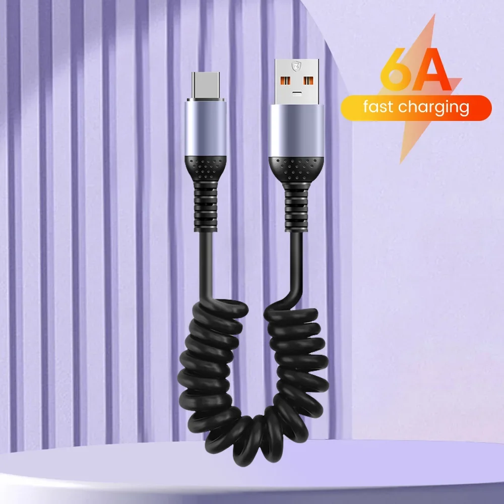 

66W 5A Fast Charging Type C Cable Spring Telescopic Car Phone Charger USB Cable For Xiaomi Redmi USB C Data Cable