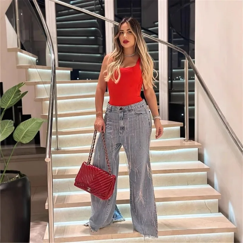 Feather Tassel Women Denim Pants Side Slit Straight Jeans 2025 Summer New Popular Streetwear Sexy Night Club Party Trousers