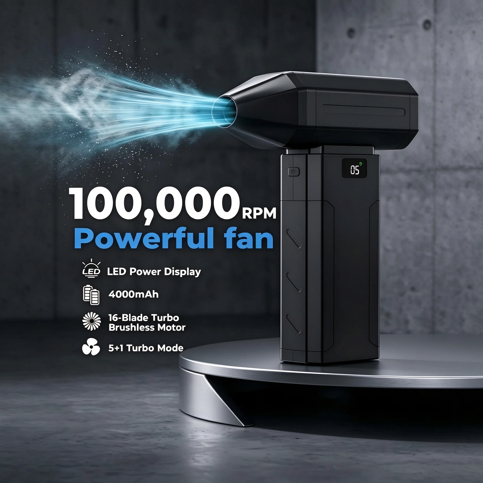 1 Pack Cordless Turbo Air Duster Fan, 100000 RPM Brushless Motor with 4000mAh Rechargeable Battery, 5 Speeds LED Display, Type-C Charging, Built-in LED Light, Handheld Blower for Car, Computer Keyboard, Camping, Outdoors