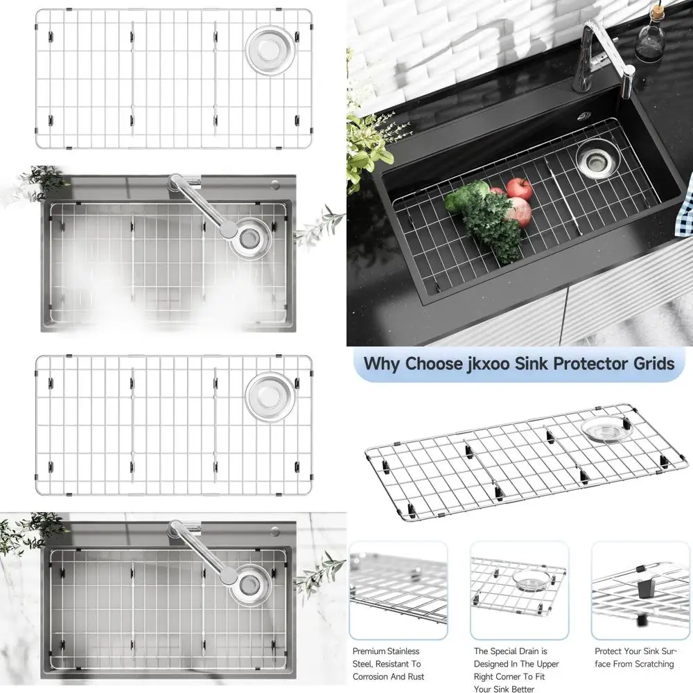 

Kitchen Sink Protector - Stainless Steel Rack for Bottom of Sink with Side Drain and Strainer