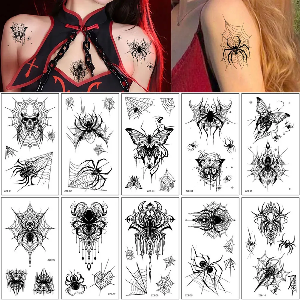 

10pcs Spider Web Temporary Tattoos for Men Women Waterproof Skeleton Scary Fake Tattoo for Halloween Party Body Face Makeup