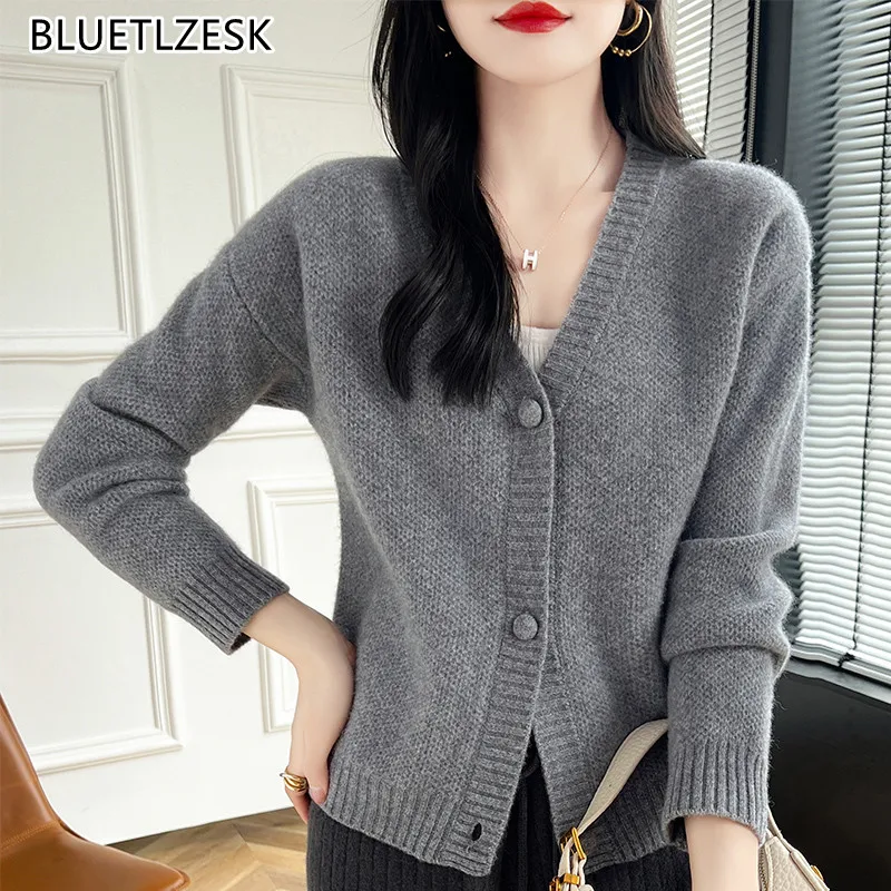 

Women 100% Merino Wool Cardigan V-Neck Long Sleeve High Quality Cashmere Knitwears 2024 Autumn Winter Woman's Sweater Outerwears