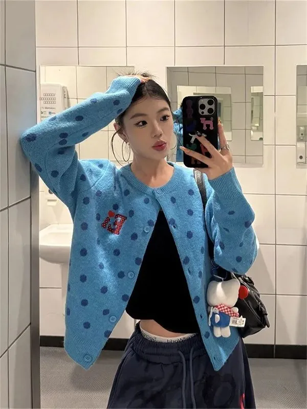 

Retro Soft Polka Dot Knit Sweater Coat Women's Autumn Winter plus Size Loose Versatile Faionable Polyester Fiber Knitted Ou...