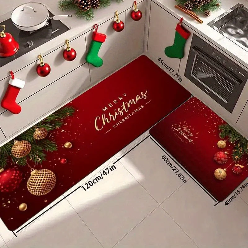 VIKAMA Christmas Kitchen Rug Set Anti Slip Washable Mat Golden Bauble Pine Branch Holiday Decor Runner Carpet Kitchen Floor Mat