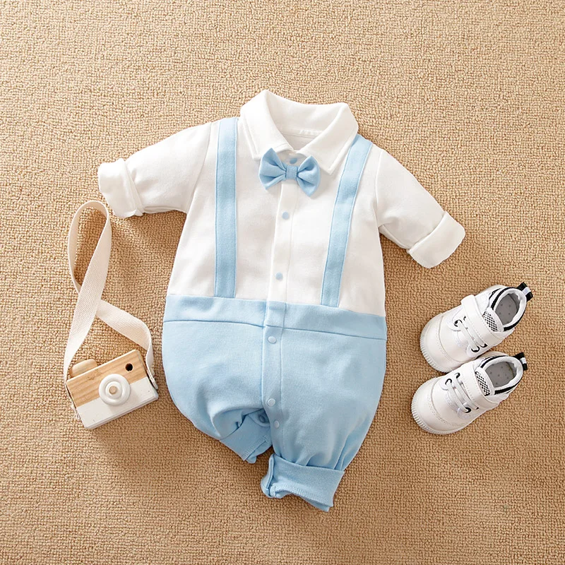 Newborn Boys Gentleman Bow Spliced Contrast False Backband Light Blue Comfortable Spring And Autumn Long Sleeved Jumpsuit