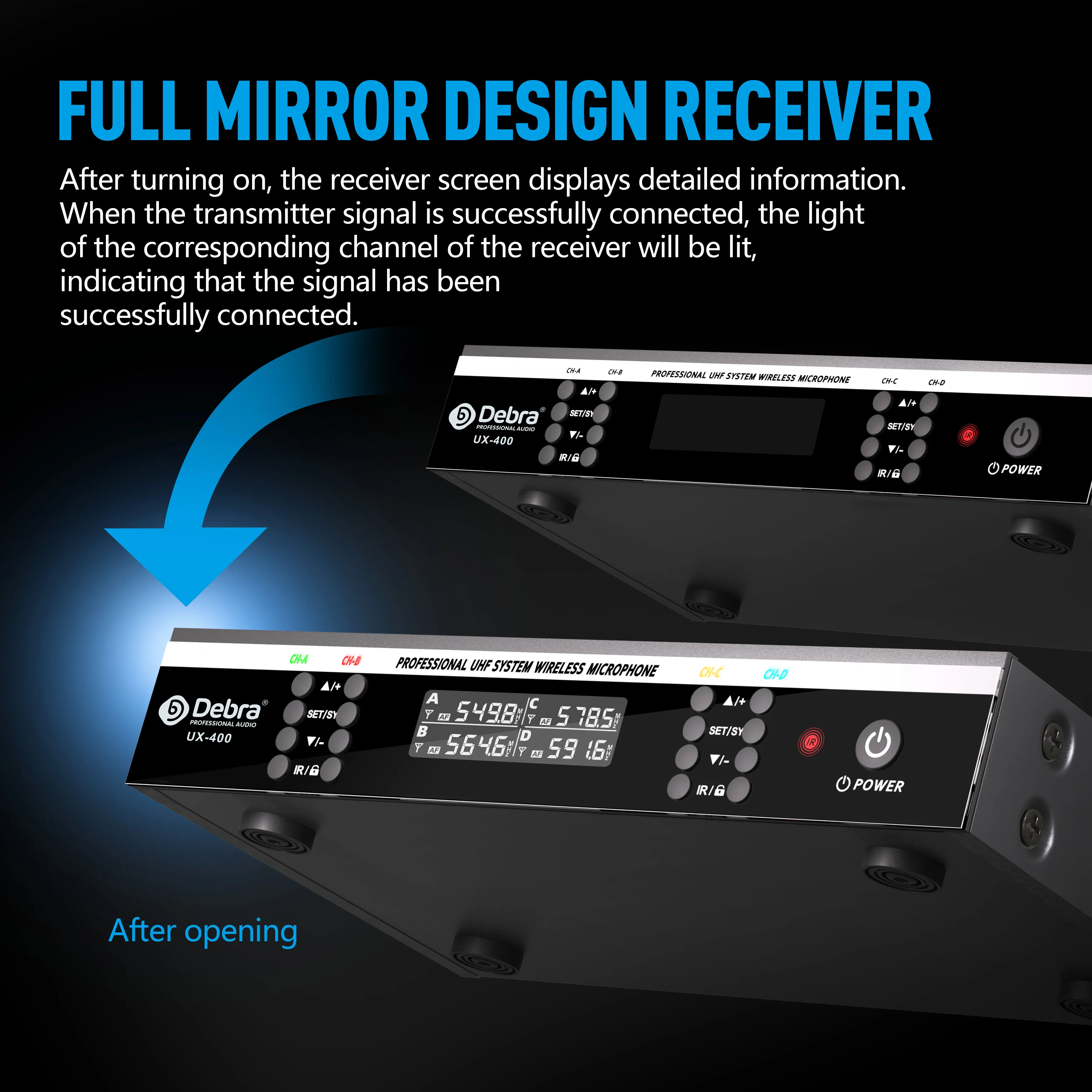 Debra UX-400 UHF 4-Channel Wireless Handheld Microphone System, 500-600MHz, with IR Frequency Synchronization and Auto-Search