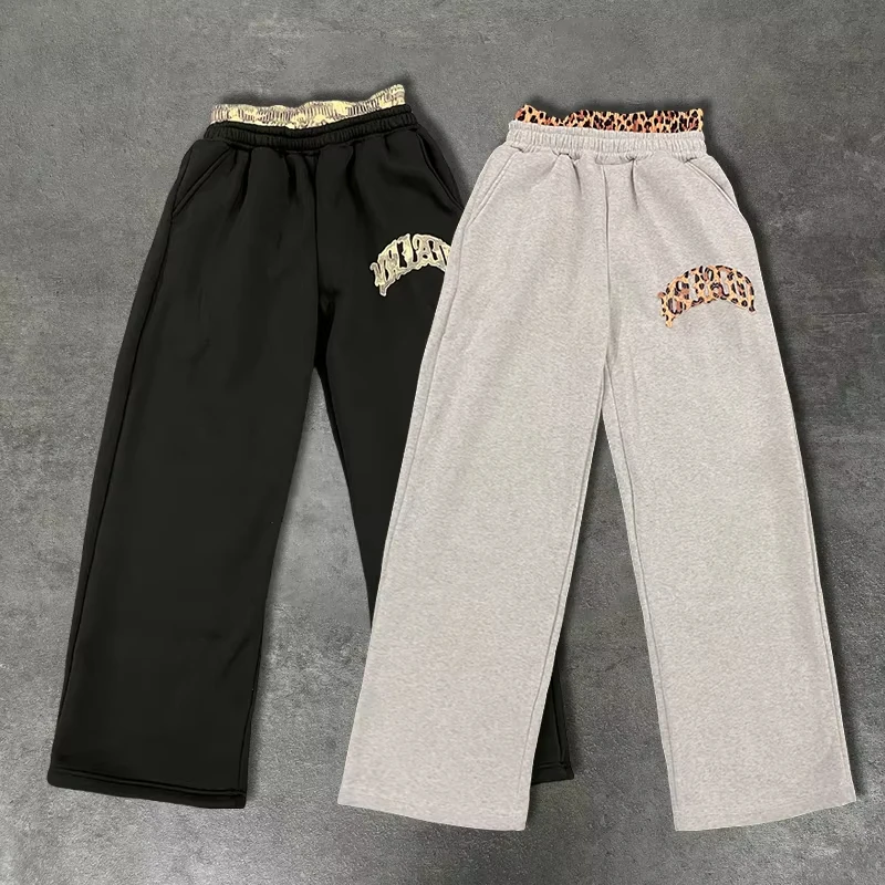 Leopard Print Letter Embroidered Double Waistband Street Casual Pants Y2K Style Men's And Women's Versatile Sweatpants