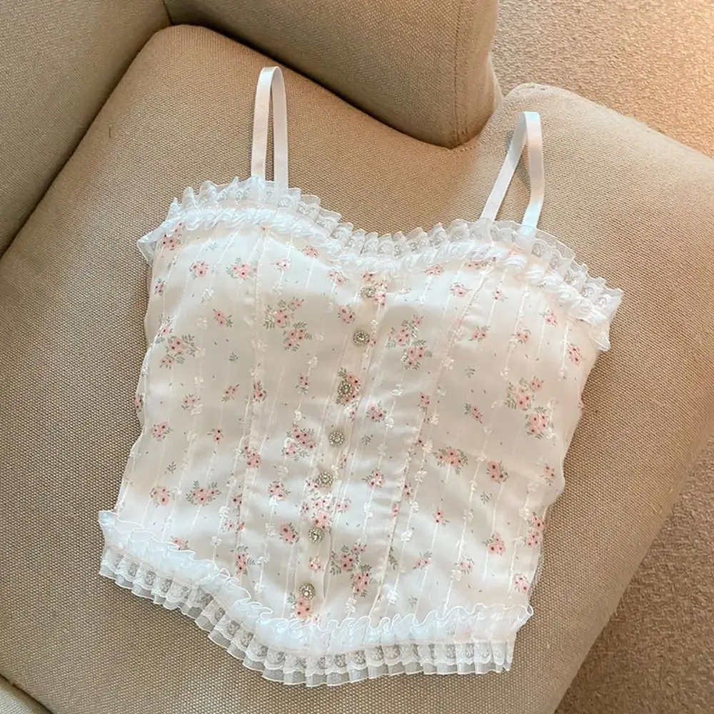 

Elegant Lace Floral Crop Top Sleeveless Bralette Sweet Flower Vest Strap Skinny Girl's Tank Top Bra with Pads Camisole Lady