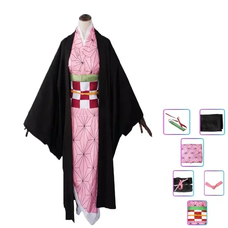 Anime Cosplay Kamado Nezuko Cospaly Costumes Kamado Cosplay Wigs Outfit Kimono with Hairwear Bamboo Halloween Costumes for Wo！1e
