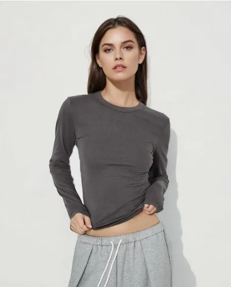 AW Women Long Sleeve Slim Fit Top Solid Color Crew Neck Basic Layering Tee Stretchy Knitwear Casual Tunic Blouse Pullover Tops