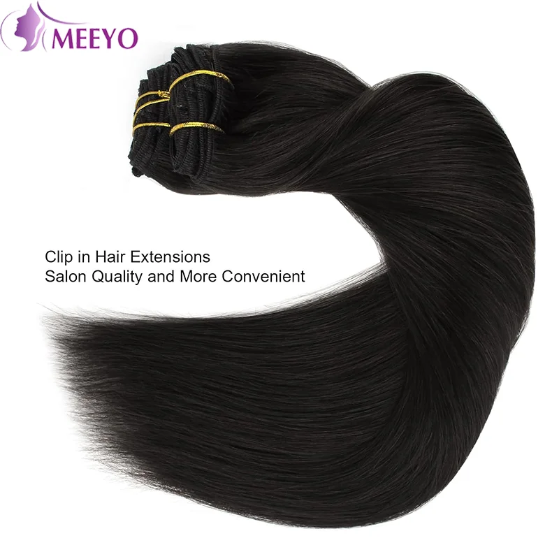 Extensions de cheveux humains à clipser, cheveux noirs naturels Remy, double trame, # 1B