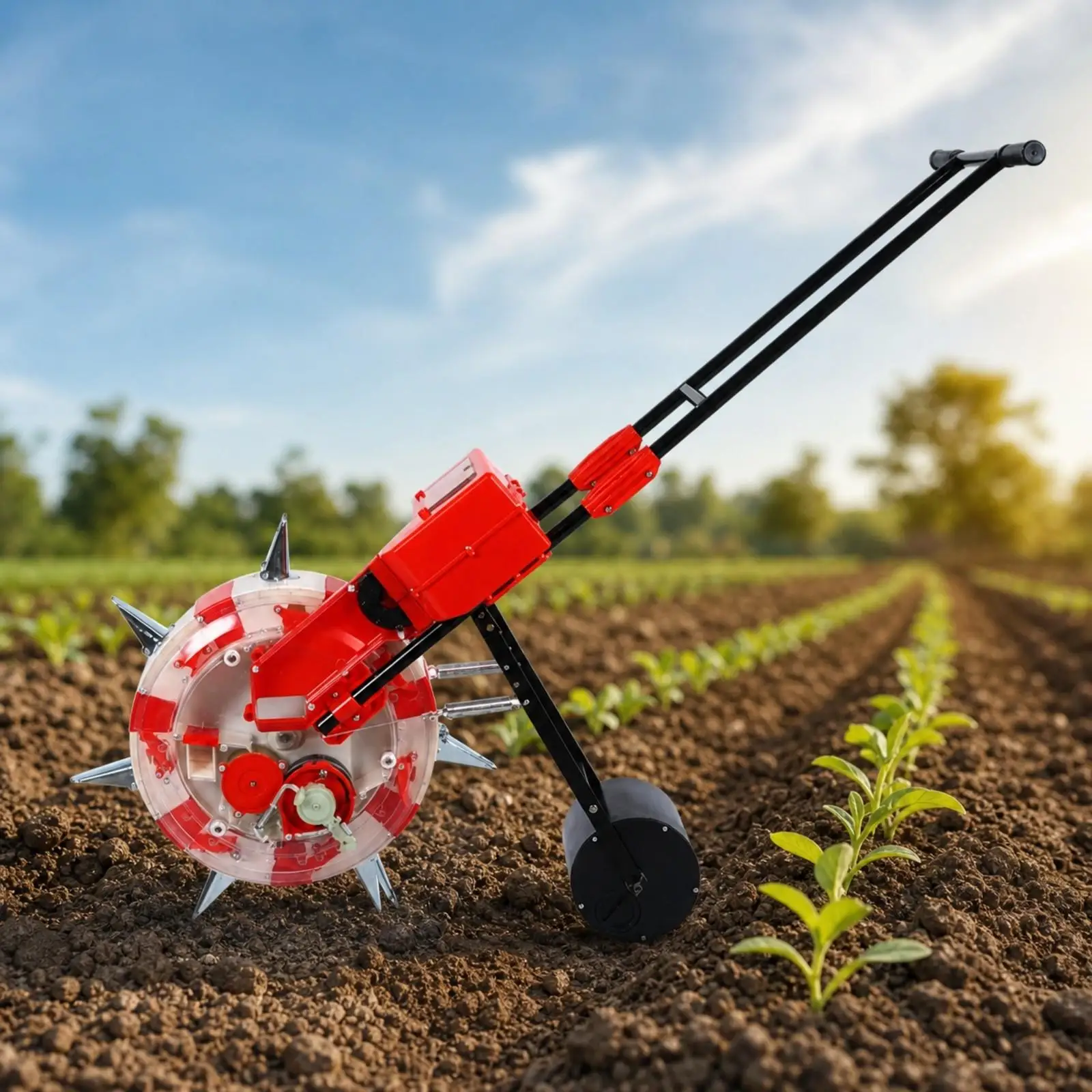 Seed Planter Tool Hand Push Seeder for Garden Corn Maize Vegetables Manual Sowing Machine with Steel Spikes