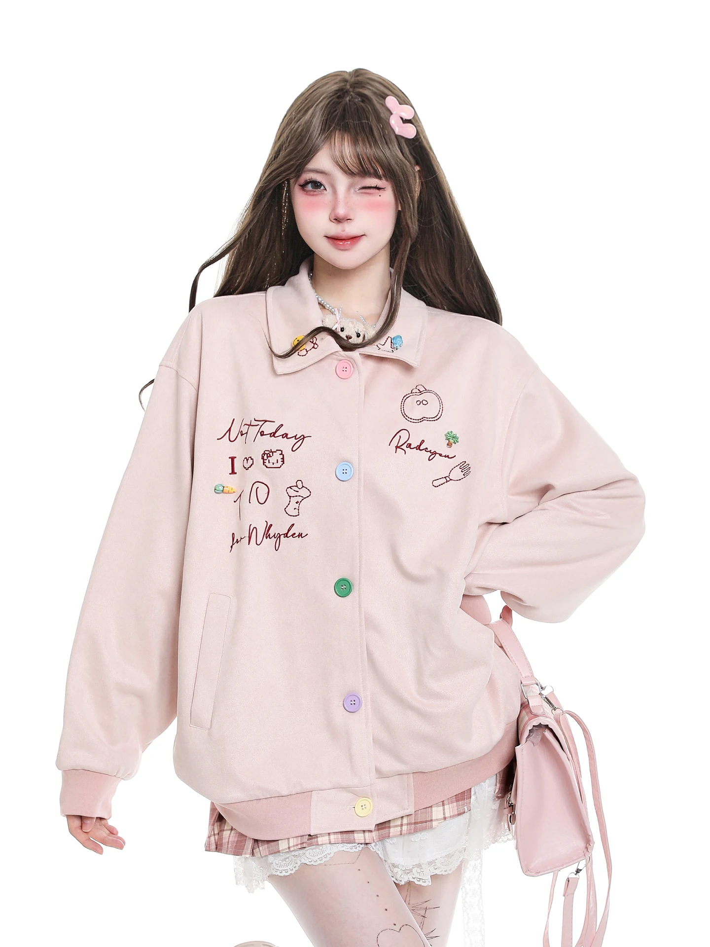 

Sweet Agel Embroidered Letter Baseball Jaet Loose Fit Turn-down Collar for Girls Street Sle Polyester Casual Coat