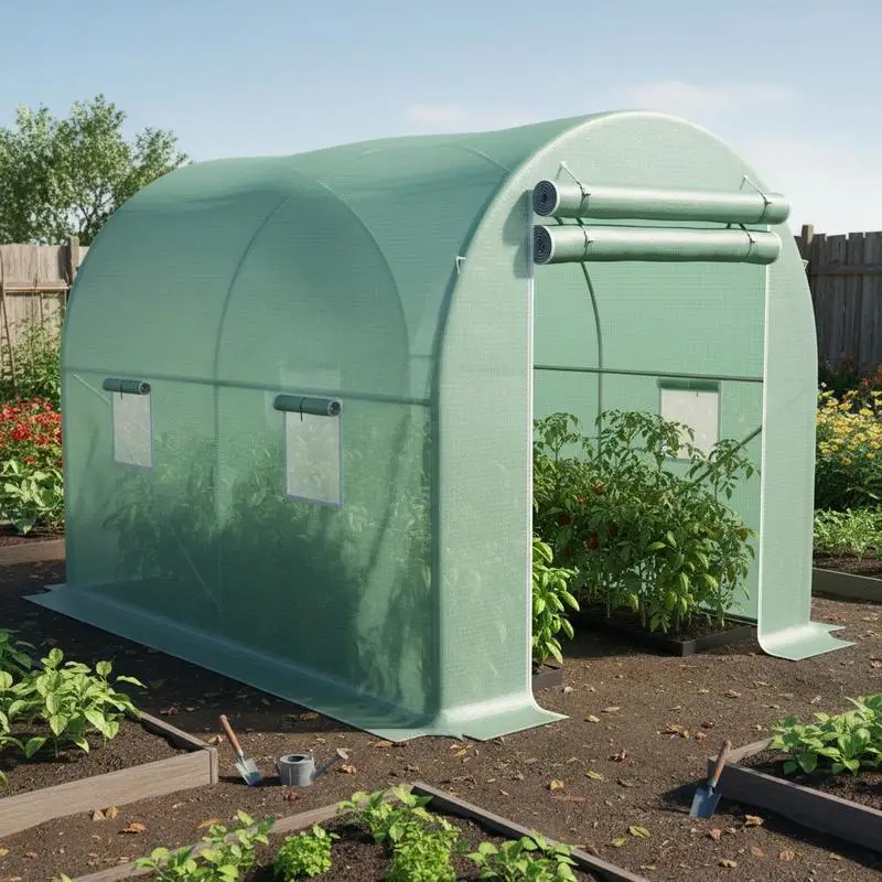 Serre de jardin tunnel autoportante 6 m² (3L x 2L x 2,10H m) avec châssis tubulaire renforcé, porte zippée et 4 fenêtres enroulables - Vert