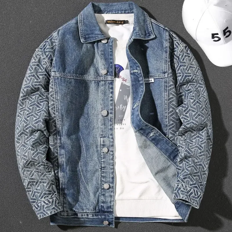 Male Jean Coats Spliced Geometric Autumn Men's Denim Jacket Blue Wide Shoulders Clothing G Korea Original Low Price of Fabric