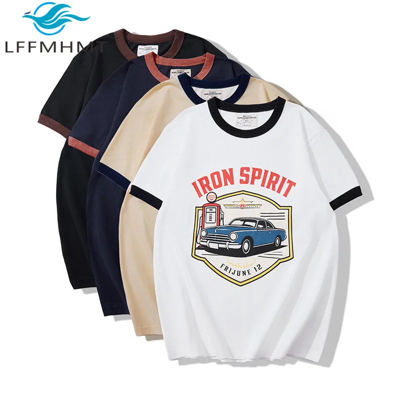Car in Gas Station Kontrastfarbenes Ringer-Kurzarm-T-Shirt für Herren, Sommermode, 200 g/m² Baumwolle, gute Qualität, Alltags-T-Shirts, Unisex