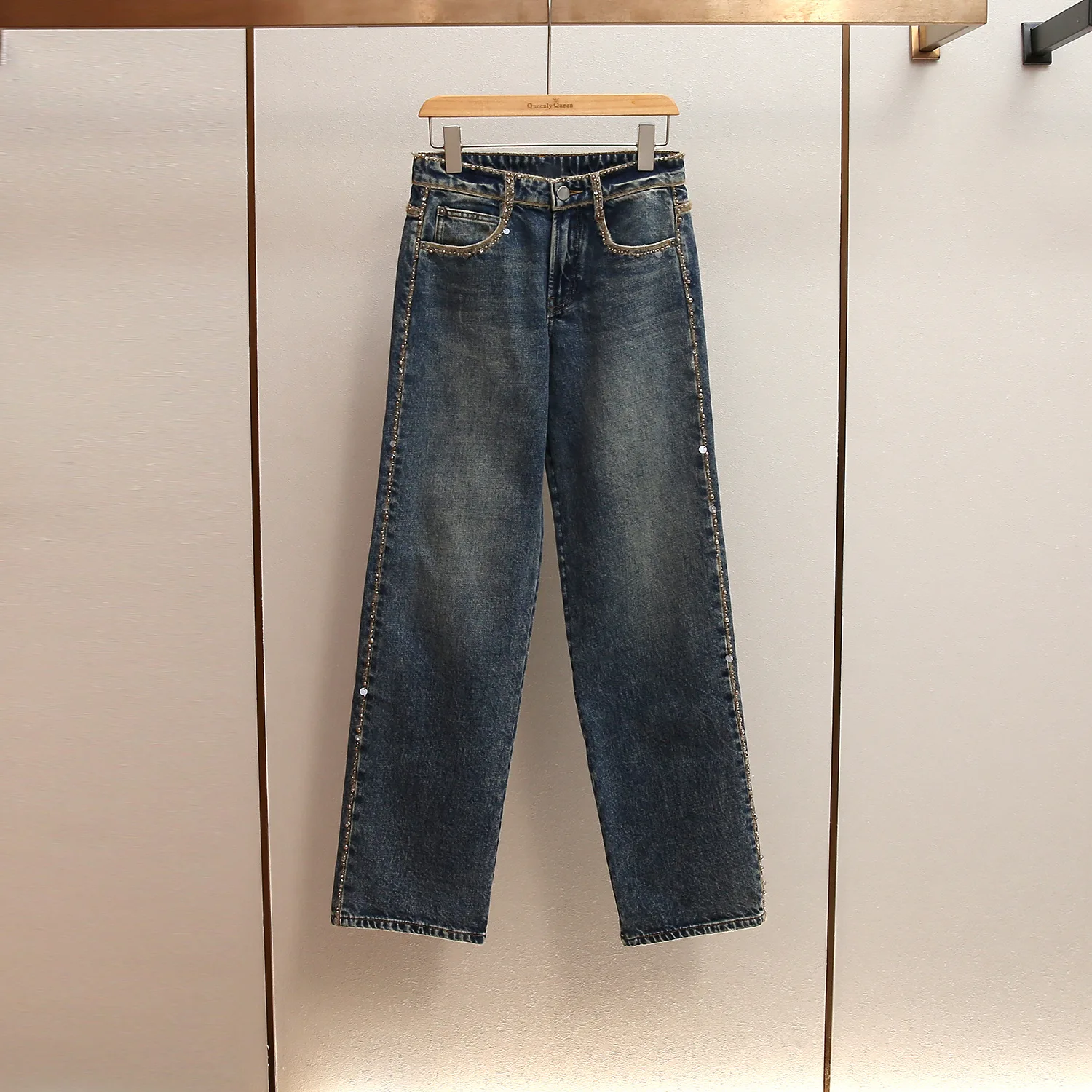 

MaSande High Waist Straight Leg iny Sequin Women's Jeans Versatile Cotton Stretch Denim Commute Sle mid Youths