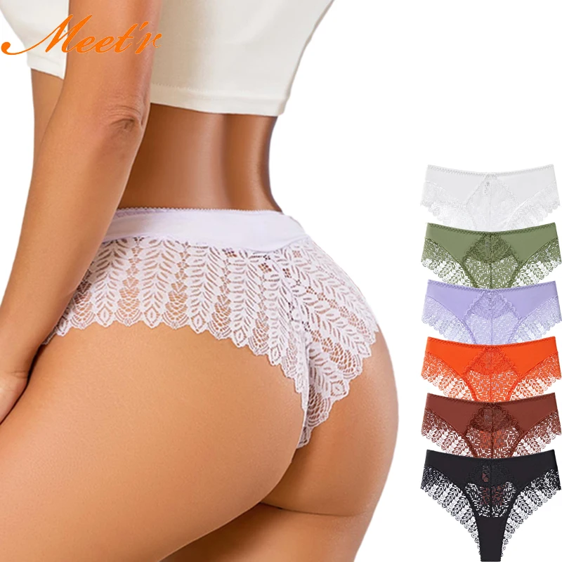 Meet'r Bequeme hohle Slips, Dessous, europäische und amerikanische mittelhohe Spitzenunterwäsche, sexy, atmungsaktive Dreieckshose für Damen