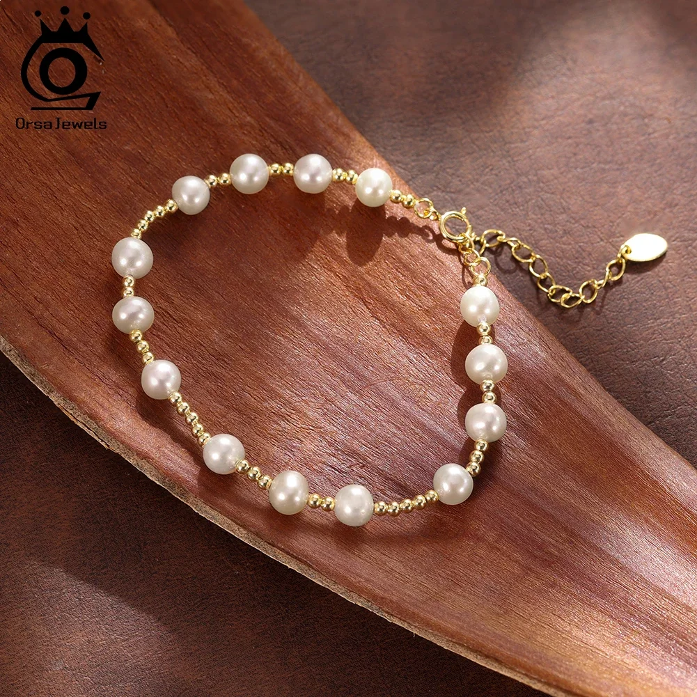 

ORSA JEWELS Vinatge 14K Gold Pearl Beads Bracelet 925 Sterling Silver Pearls Chain Bracelet on Hand Women Party Jewelry GPB47
