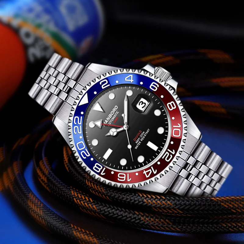 HANBORO Reloj Automático para Hombre 44MM GMT Reloj de Pulsera Mecánico de Lujo Luminoso 50M Lupa Resistente al Agua Fecha