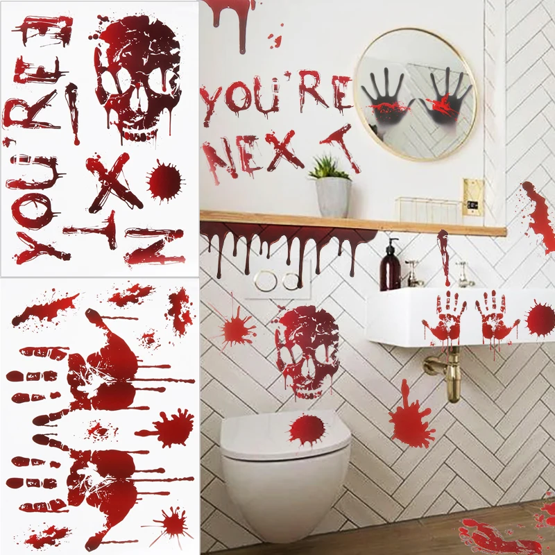 Horror Bloodstain Wall Sticker Bloodstain Handprint Footprint Blood Skull Window Sticker Halloween Decoration Scary Sticker