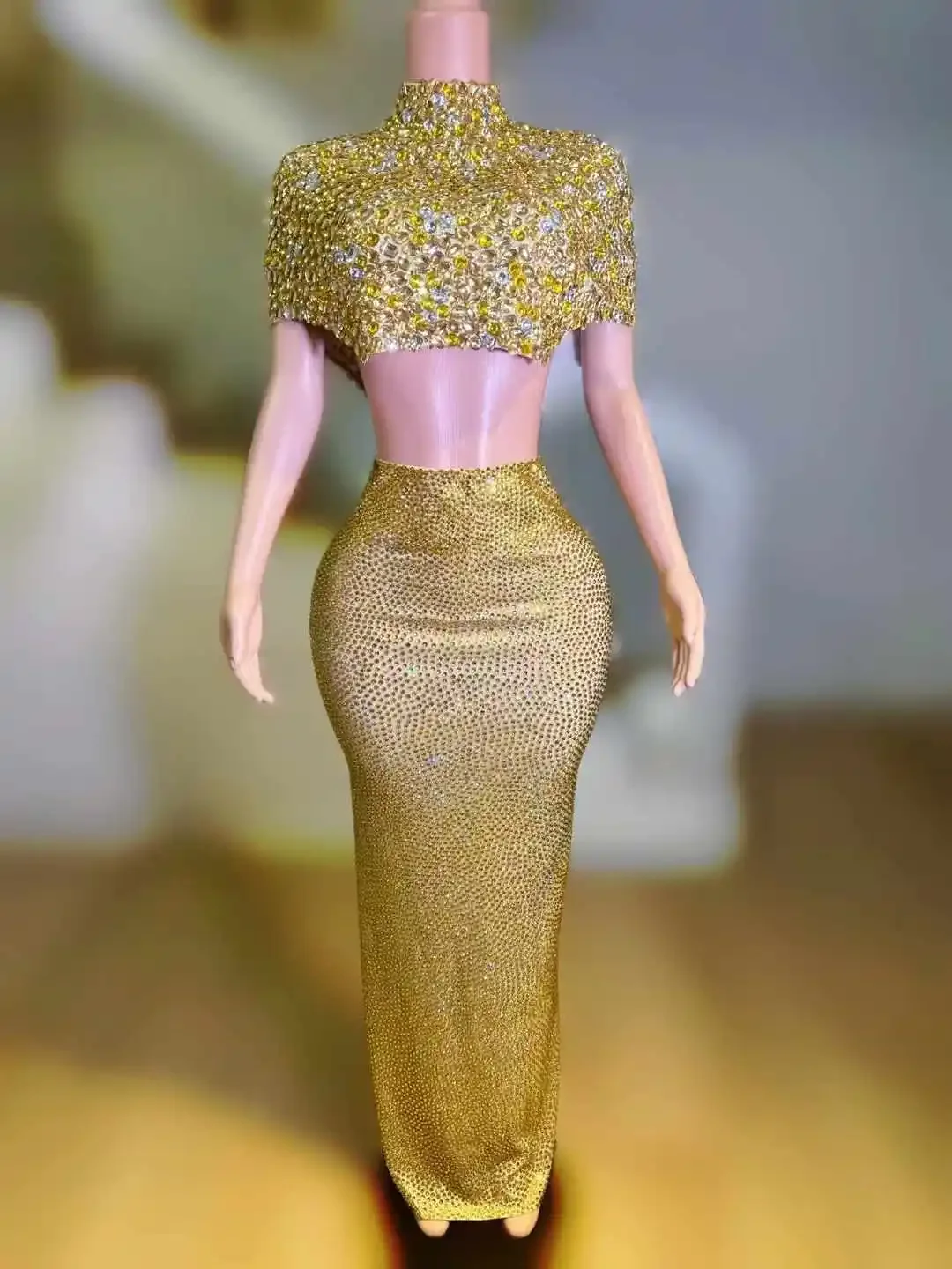 여성용 골드 2피스 크리스탈 탑과 풀 라인스톤 스커트 세트, 이브닝 파티, 생일, 사진 촬영 소품, 무도회 축하용