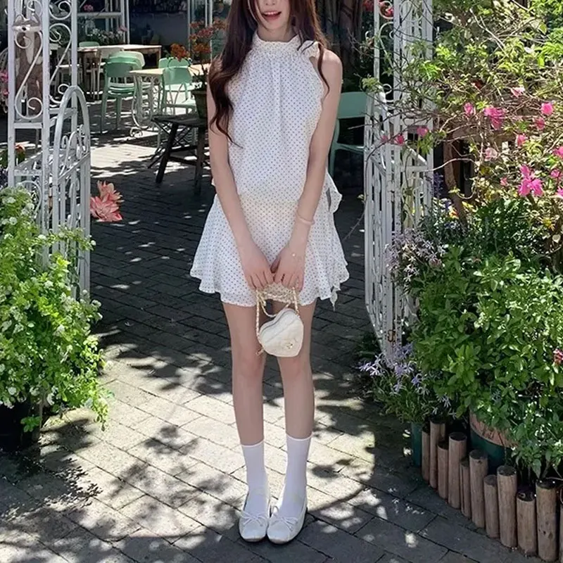 

Fashionable French Style Polka Dot Dresses Summer Halter Sleeveless Women's Clothing Aura Ribbon Waist A-Line Elegant Mini Dress