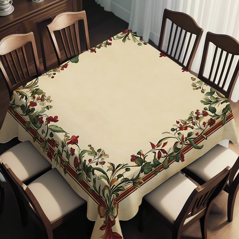 Red flower and green leaf printed border tablecloth, with a retro style, elegant and unique.