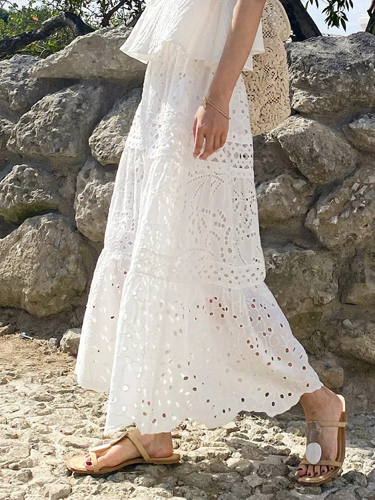 GypsyLady French Chic Embroidery Maxi Skirt White Casual Summer Women Long Skirts Sheer Hollow Out Tiered Ladies Skirts Falda