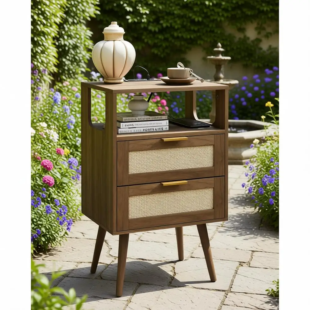 

Walnut Brown 2-Drawer Rattan Nightstand