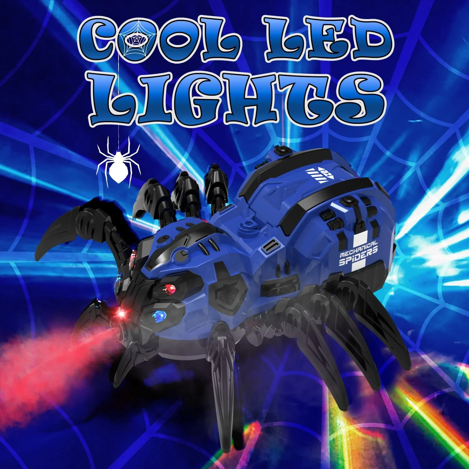 ABS RC Mechanical Spider Toy With USB Cable, Blue Spray Fog LED Music Remote Control Robot For Halloween Christmas Kids Gift