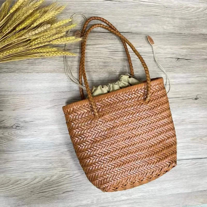 Manual Weave Genuine Leather Hand Bags Tote Top Quality Women Basket Shopping Bags Hollow Beach Hobos Handbag