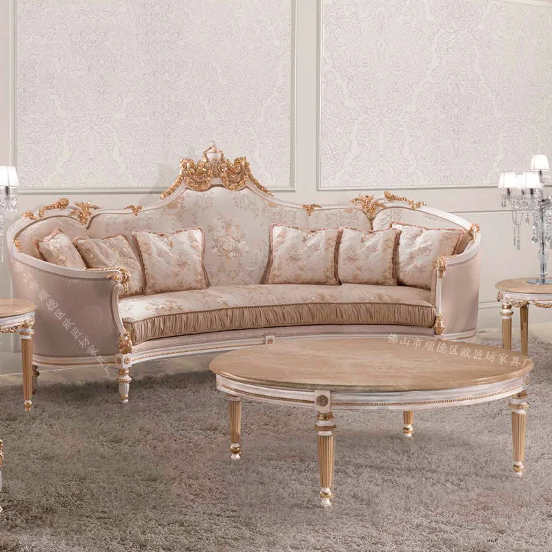 

French sofa solid wood carving flower luxury cloth sofa villa solid wood fabric