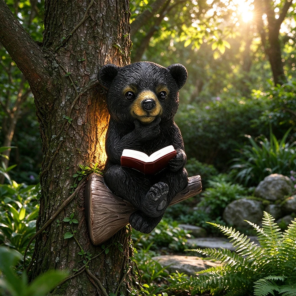 Resin Solar Bear Reading Book Garden Statue Tree Embracer for For outdoor Decor 7.48 x 4.72 Inches Night Feature
