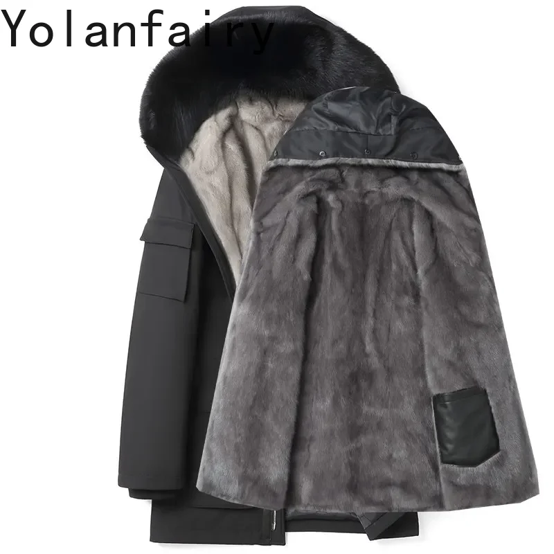 

YOLANFAURY Натуральная шуба из меха норки для мужчин, теплая зимняя парка со съемной подкладкой из меха норки, куртка с капюшоном и воротником из меха лисы