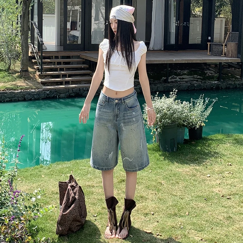 Summer Korean High Waist Women Denim Shorts American Office Lady Y2K Elastic Loose Pants Female Jeans Casual Versatile Trousers