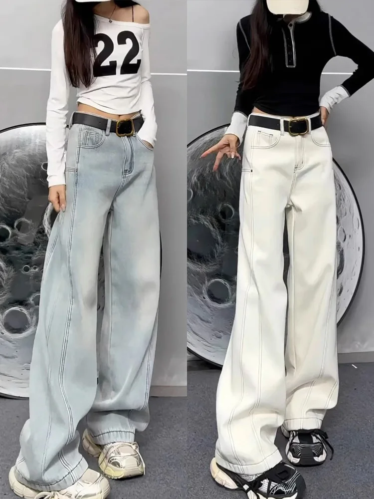 Jeans casual a gamba larga a vita alta Pantaloni in denim dal taglio dritto da donna Autunno Nuovo plus size Pera ape Dimagrante Lunghezza pavimento