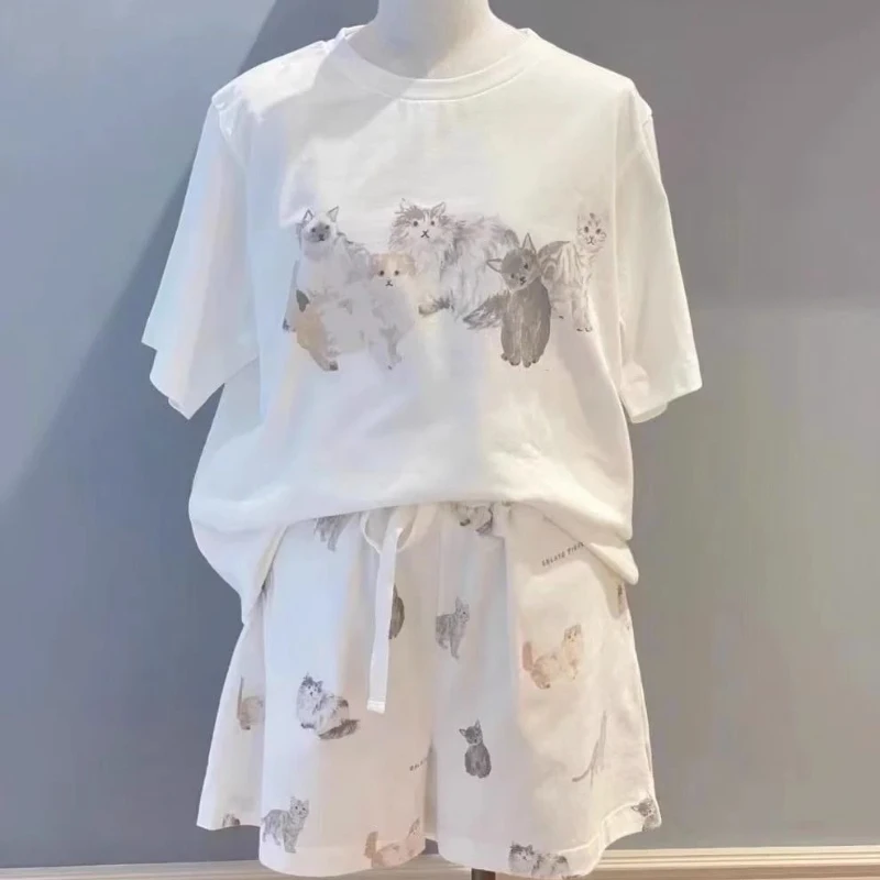 

Мягкие MODAL COTTON комплекты из 2 предметов с милыми кошками и принтом мультфильмов, футболки и короткие штаны, летняя домашняя одежда, удобные женские пижамы Y2K