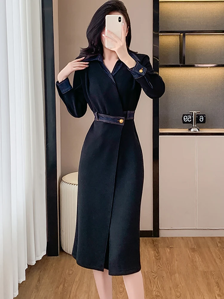 Spring Autumn Black Single Breasted Trench Women Korean Vintage Elegant Long Dress 2025 New Fashion Bodycon Party Evening Dress