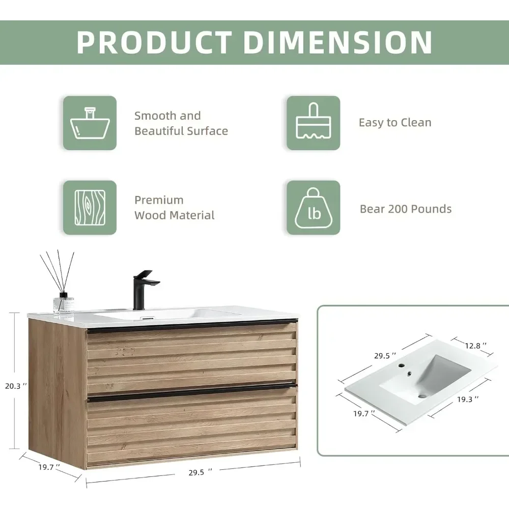 Bathroom Dresser,30 Inch Bathrooms Vanity With Sink, Modern Vanity Bathrooms With 2 Extra Big Drawers, Bathroom Cabinets