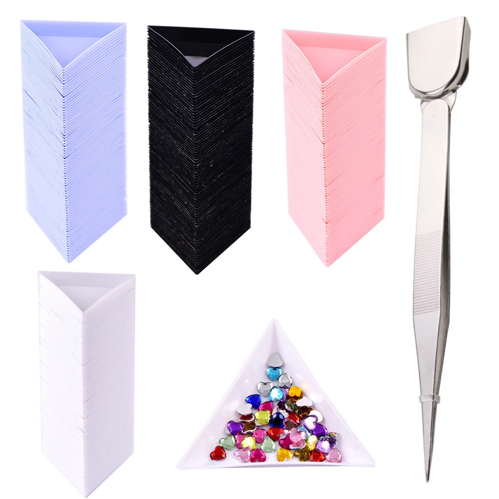 1/10Pcs Stainless Steel Tweezers Triangular Round Plastic Tray for Nail Stotrage Bead Display Art Accessories Jewelry Supplies