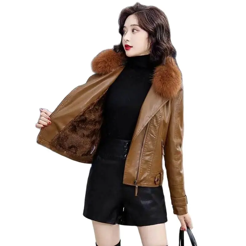 

Winter New Fleece Warm Thick Coat Women's Short Coat Women's Fashion Real Fox Fur Collar Leather Trend