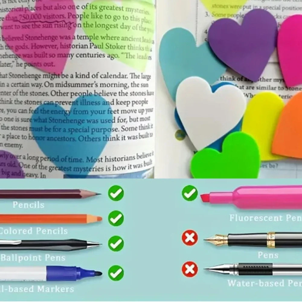 160 hojas de notas adhesivas transparentes de Color fluorescente con corazón de amor, Bloc de notas, pegatinas para planificador, papelería,